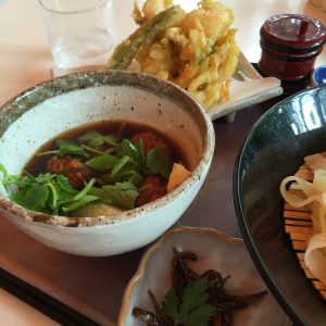 つくねと芹、海鮮かき揚げ。ほうとううどんをつけ汁につけていただく。少ししょっぱいけど美味しい。